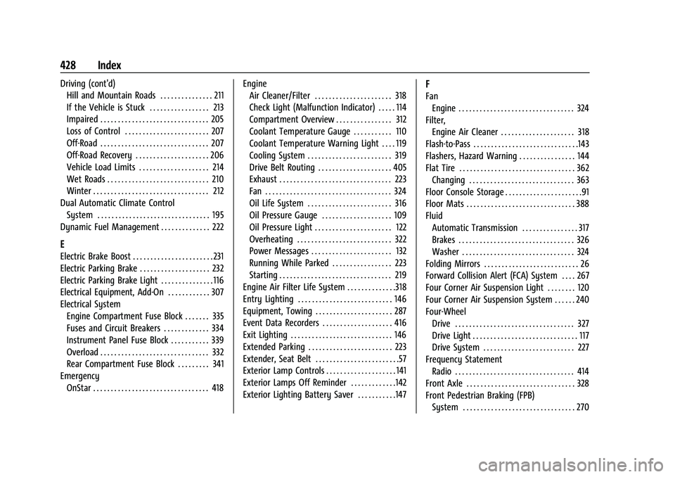 CHEVROLET SUBURBAN 2022  Owners Manual Chevrolet Tahoe/Suburban Owner Manual (GMNA-Localizing-U.S./Canada/-
Mexico-15555985) - 2022 - CRC - 12/3/21
428 Index
Driving (cont'd)Hill and Mountain Roads . . . . . . . . . . . . . . . 211
If 