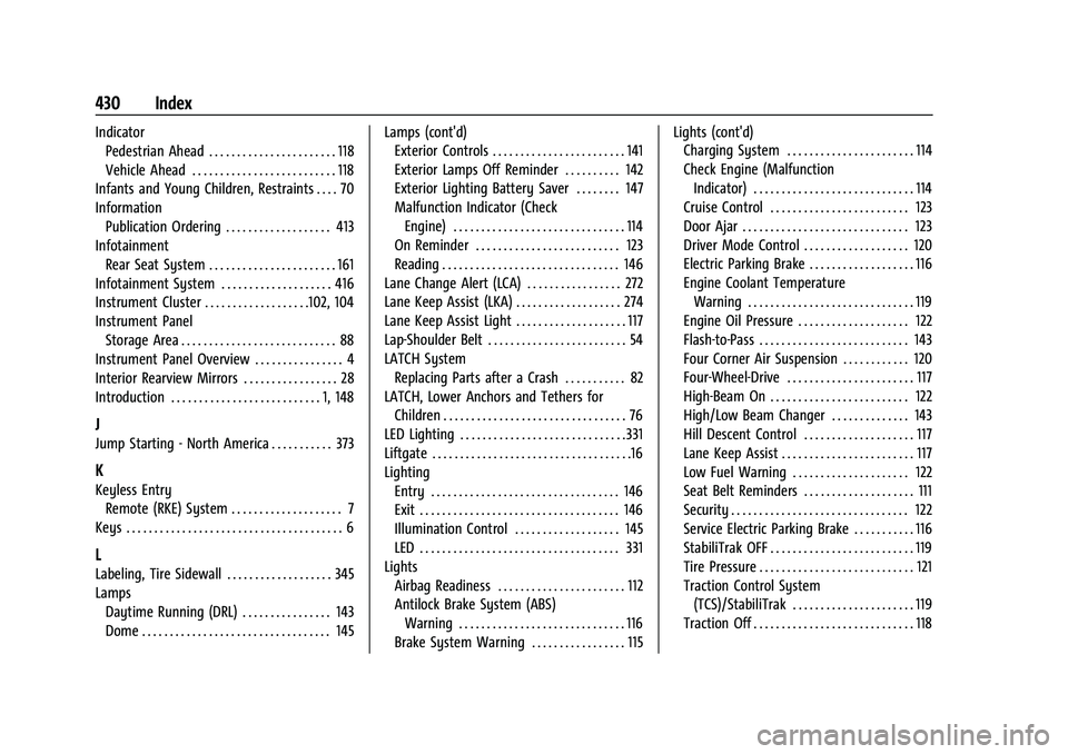 CHEVROLET SUBURBAN 2022  Owners Manual Chevrolet Tahoe/Suburban Owner Manual (GMNA-Localizing-U.S./Canada/-
Mexico-15555985) - 2022 - CRC - 12/3/21
430 Index
IndicatorPedestrian Ahead . . . . . . . . . . . . . . . . . . . . . . . 118
Vehic