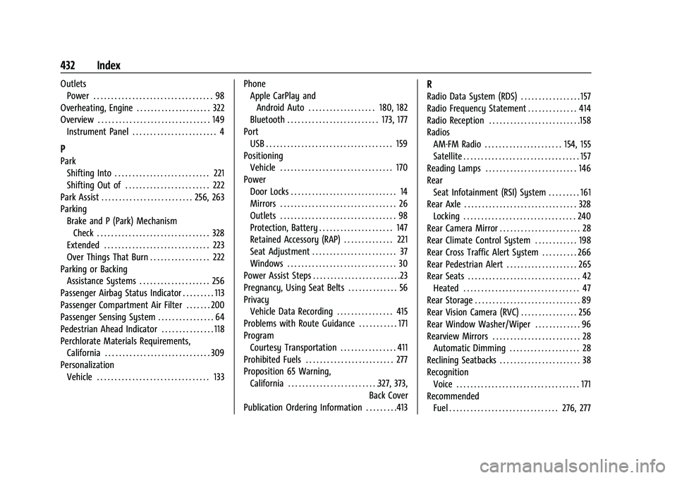 CHEVROLET SUBURBAN 2022 Owners Manual Chevrolet Tahoe/Suburban Owner Manual (GMNA-Localizing-U.S./Canada/-
Mexico-15555985) - 2022 - CRC - 12/3/21
432 Index
OutletsPower . . . . . . . . . . . . . . . . . . . . . . . . . . . . . . . . . . CHEVROLET SUBURBAN 2022 Owners Manual Chevrolet Tahoe/Suburban Owner Manual (GMNA-Localizing-U.S./Canada/-
Mexico-15555985) - 2022 - CRC - 12/3/21
432 Index
OutletsPower . . . . . . . . . . . . . . . . . . . . . . . . . . . . . . . . . .