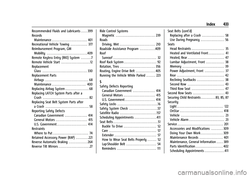 CHEVROLET SUBURBAN 2022 Owners Manual Chevrolet Tahoe/Suburban Owner Manual (GMNA-Localizing-U.S./Canada/-
Mexico-15555985) - 2022 - CRC - 12/3/21
Index 433
Recommended Fluids and Lubricants . . . . . 399
RecordsMaintenance . . . . . . . CHEVROLET SUBURBAN 2022 Owners Manual Chevrolet Tahoe/Suburban Owner Manual (GMNA-Localizing-U.S./Canada/-
Mexico-15555985) - 2022 - CRC - 12/3/21
Index 433
Recommended Fluids and Lubricants . . . . . 399
RecordsMaintenance . . . . . . .