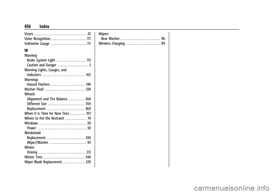 CHEVROLET SUBURBAN 2022 Owners Manual Chevrolet Tahoe/Suburban Owner Manual (GMNA-Localizing-U.S./Canada/-
Mexico-15555985) - 2022 - CRC - 12/3/21
436 Index
Visors . . . . . . . . . . . . . . . . . . . . . . . . . . . . . . . . . . . . . CHEVROLET SUBURBAN 2022 Owners Manual Chevrolet Tahoe/Suburban Owner Manual (GMNA-Localizing-U.S./Canada/-
Mexico-15555985) - 2022 - CRC - 12/3/21
436 Index
Visors . . . . . . . . . . . . . . . . . . . . . . . . . . . . . . . . . . . . .