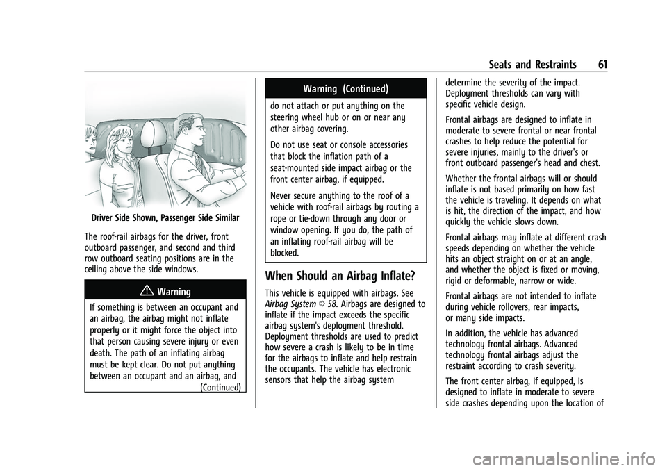 CHEVROLET SUBURBAN 2022 Owners Manual Chevrolet Tahoe/Suburban Owner Manual (GMNA-Localizing-U.S./Canada/
Mexico-15555985) - 2022 - CRC - 12/3/21
Seats and Restraints 61
Driver Side Shown, Passenger Side Similar
The roof-rail airbags for CHEVROLET SUBURBAN 2022 Owners Manual Chevrolet Tahoe/Suburban Owner Manual (GMNA-Localizing-U.S./Canada/
Mexico-15555985) - 2022 - CRC - 12/3/21
Seats and Restraints 61
Driver Side Shown, Passenger Side Similar
The roof-rail airbags for