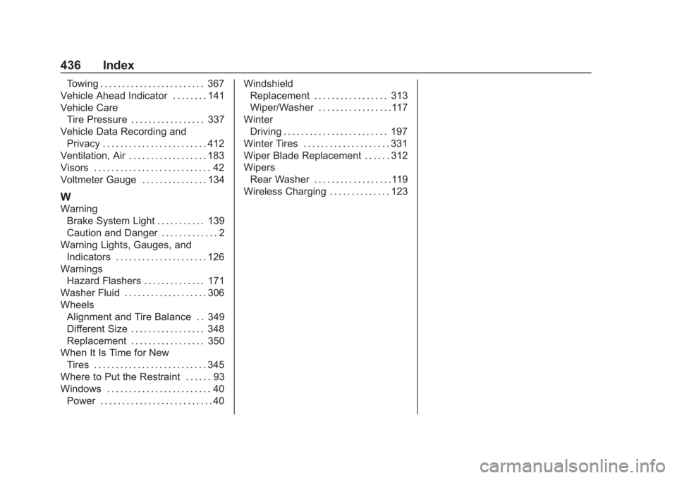 CHEVROLET SUBURBAN 2020  Owners Manual Chevrolet Tahoe/Suburban Owner Manual (GMNA-Localizing-U.S./Canada/-
Mexico-13566622) - 2020 - CRC - 4/24/19
436 Index
Towing . . . . . . . . . . . . . . . . . . . . . . . . 367
Vehicle Ahead Indicato