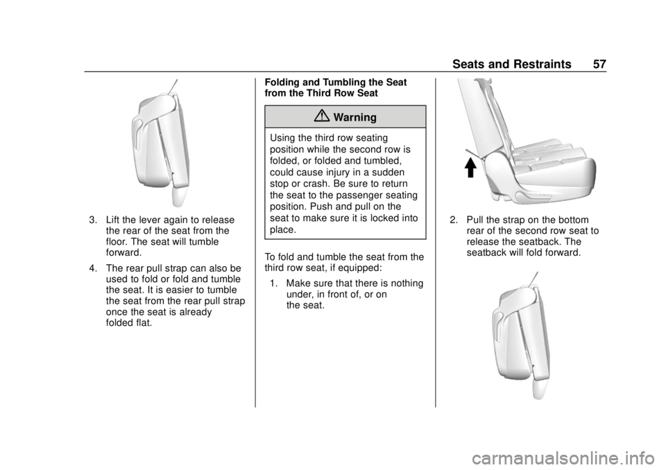 CHEVROLET SUBURBAN 2020 Workshop Manual Chevrolet Tahoe/Suburban Owner Manual (GMNA-Localizing-U.S./Canada/
Mexico-13566622) - 2020 - CRC - 4/15/19
Seats and Restraints 57
3. Lift the lever again to releasethe rear of the seat from the
floo CHEVROLET SUBURBAN 2020 Workshop Manual Chevrolet Tahoe/Suburban Owner Manual (GMNA-Localizing-U.S./Canada/
Mexico-13566622) - 2020 - CRC - 4/15/19
Seats and Restraints 57
3. Lift the lever again to releasethe rear of the seat from the
floo