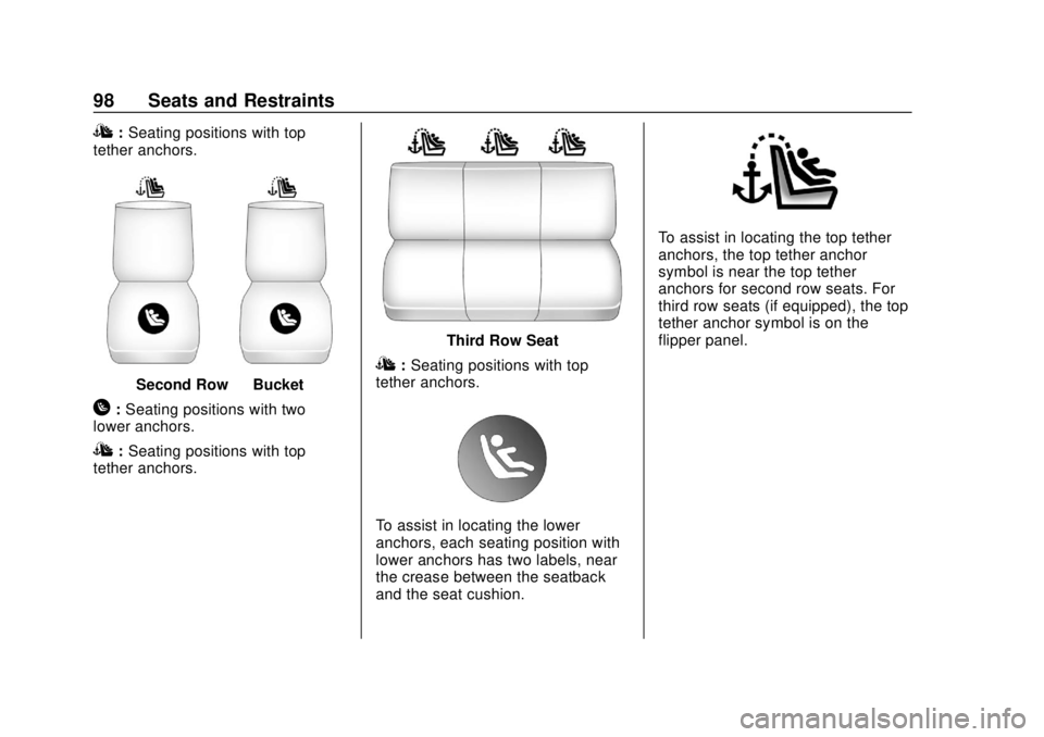 CHEVROLET SUBURBAN 2020 Owners Manual Chevrolet Tahoe/Suburban Owner Manual (GMNA-Localizing-U.S./Canada/
Mexico-13566622) - 2020 - CRC - 4/15/19
98 Seats and Restraints
I:Seating positions with top
tether anchors.
Second Row —Bucket
H: CHEVROLET SUBURBAN 2020 Owners Manual Chevrolet Tahoe/Suburban Owner Manual (GMNA-Localizing-U.S./Canada/
Mexico-13566622) - 2020 - CRC - 4/15/19
98 Seats and Restraints
I:Seating positions with top
tether anchors.
Second Row —Bucket
H: