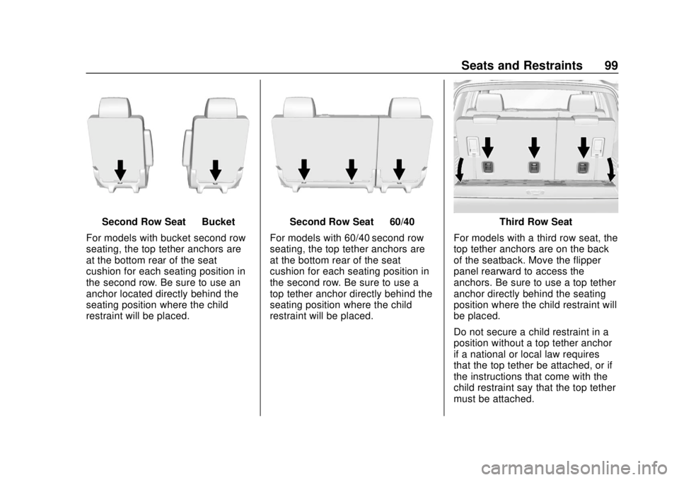 CHEVROLET SUBURBAN 2020 Owners Manual Chevrolet Tahoe/Suburban Owner Manual (GMNA-Localizing-U.S./Canada/
Mexico-13566622) - 2020 - CRC - 4/15/19
Seats and Restraints 99
Second Row Seat—Bucket
For models with bucket second row
seating, CHEVROLET SUBURBAN 2020 Owners Manual Chevrolet Tahoe/Suburban Owner Manual (GMNA-Localizing-U.S./Canada/
Mexico-13566622) - 2020 - CRC - 4/15/19
Seats and Restraints 99
Second Row Seat—Bucket
For models with bucket second row
seating,