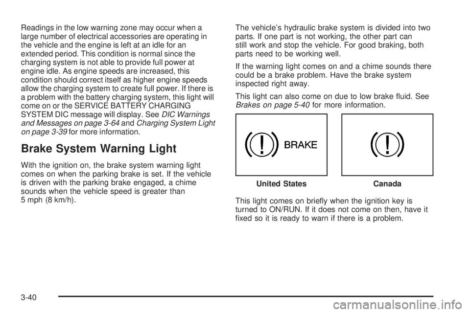CHEVROLET SUBURBAN 2009  Owners Manual Readings in the low warning zone may occur when a
large number of electrical accessories are operating in
the vehicle and the engine is left at an idle for an
extended period. This condition is normal
