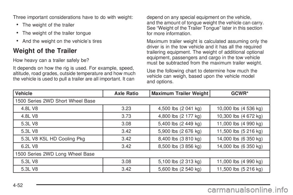 CHEVROLET SUBURBAN 2009 Owners Manual Three important considerations have to do with weight:
The weight of the trailer
The weight of the trailer tongue
And the weight on the vehicle’s tires
Weight of the Trailer
How heavy can a trailer CHEVROLET SUBURBAN 2009 Owners Manual Three important considerations have to do with weight:
The weight of the trailer
The weight of the trailer tongue
And the weight on the vehicle’s tires
Weight of the Trailer
How heavy can a trailer