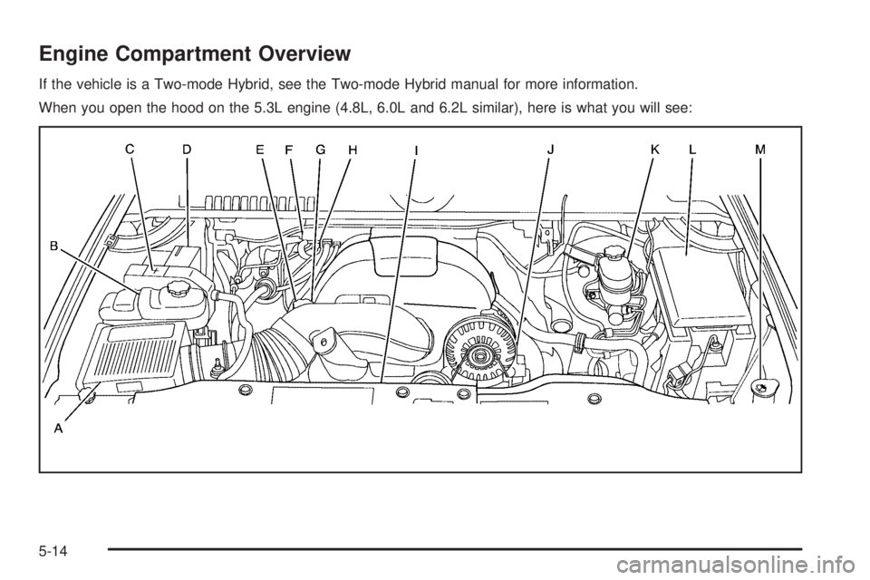 CHEVROLET SUBURBAN 2009  Owners Manual Engine Compartment Overview
If the vehicle is a Two-mode Hybrid, see the Two-mode Hybrid manual for more information.
When you open the hood on the 5.3L engine (4.8L, 6.0L and 6.2L similar), here is w