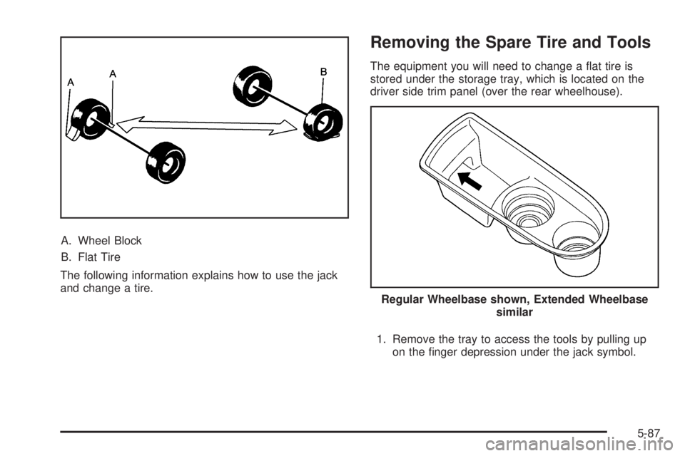 CHEVROLET SUBURBAN 2009  Owners Manual A. Wheel Block
B. Flat Tire
The following information explains how to use the jack
and change a tire.
Removing the Spare Tire and Tools
The equipment you will need to change a �at tire is
stored under