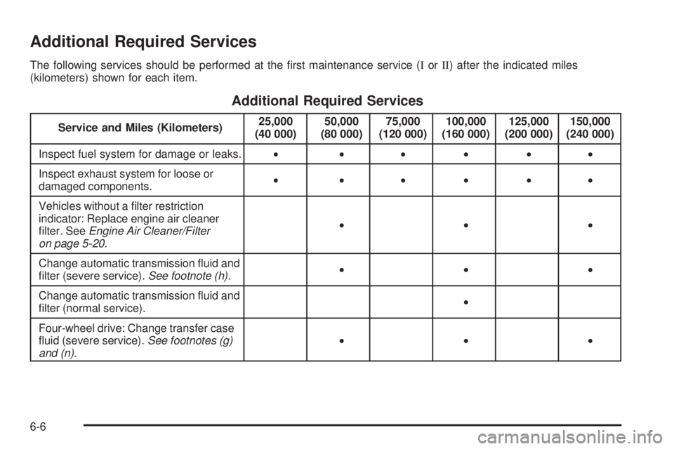 CHEVROLET SUBURBAN 2009  Owners Manual Additional Required Services
The following services should be performed at the �rst maintenance service (IorII) after the indicated miles
(kilometers) shown for each item.
Additional Required Services
