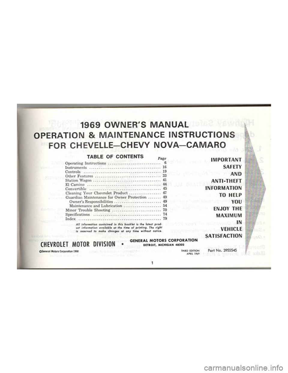 CHEVROLET CAMARO 1969  Owners Manual 