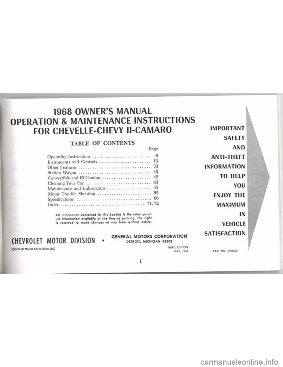 CHEVROLET CAMARO 1968  Owners Manual 