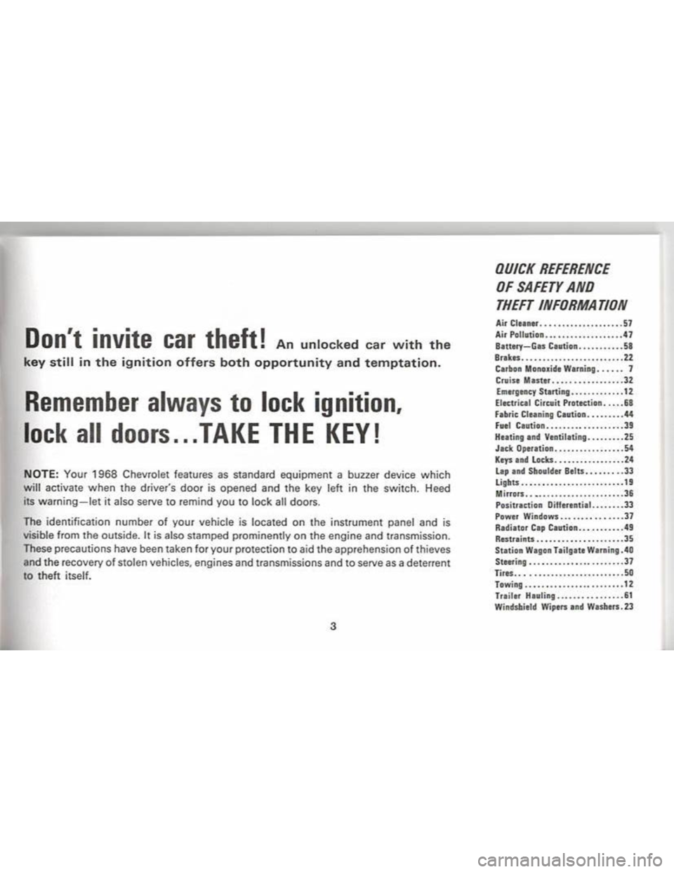 CHEVROLET CAMARO 1968  Owners Manual 