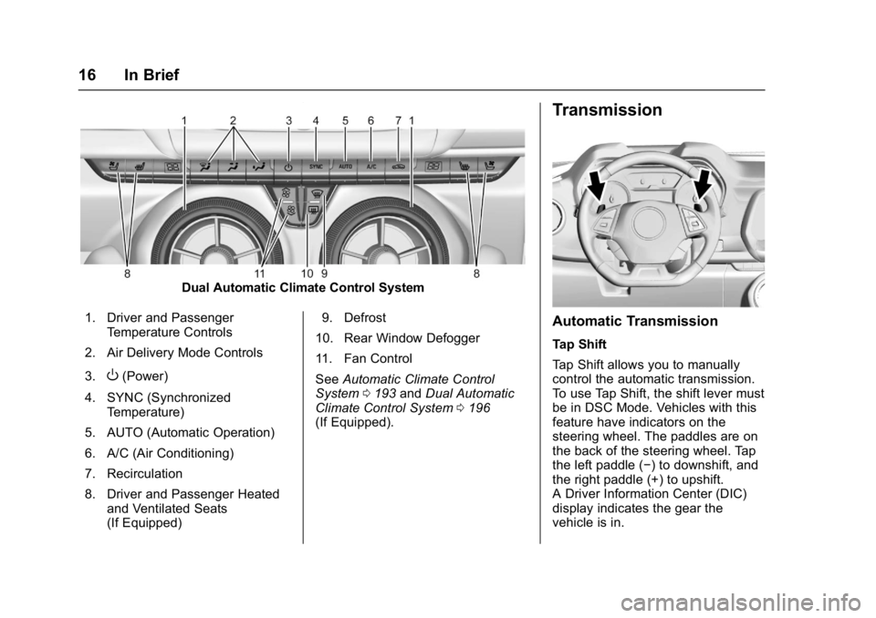 CHEVROLET CAMARO ZL1 2017 User Guide Chevrolet Camaro Owner Manual (GMNA-Localizing-U.S./Canada/Mexico-
9804281) - 2017 - crc - 4/25/16
16 In Brief
Dual Automatic Climate Control System
1. Driver and Passenger Temperature Controls
2. Air CHEVROLET CAMARO ZL1 2017 User Guide Chevrolet Camaro Owner Manual (GMNA-Localizing-U.S./Canada/Mexico-
9804281) - 2017 - crc - 4/25/16
16 In Brief
Dual Automatic Climate Control System
1. Driver and Passenger Temperature Controls
2. Air