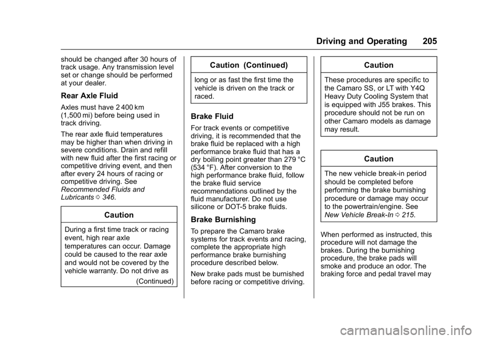 CHEVROLET CAMARO ZL1 2017  Owners Manual Chevrolet Camaro Owner Manual (GMNA-Localizing-U.S./Canada/Mexico-
9804281) - 2017 - crc - 4/25/16
Driving and Operating 205
should be changed after 30 hours of
track usage. Any transmission level
set