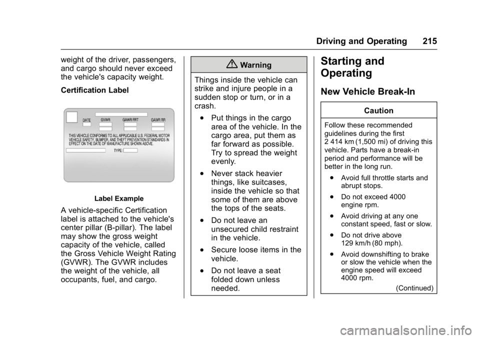 CHEVROLET CAMARO ZL1 2017  Owners Manual Chevrolet Camaro Owner Manual (GMNA-Localizing-U.S./Canada/Mexico-
9804281) - 2017 - crc - 4/25/16
Driving and Operating 215
weight of the driver, passengers,
and cargo should never exceed
the vehicle