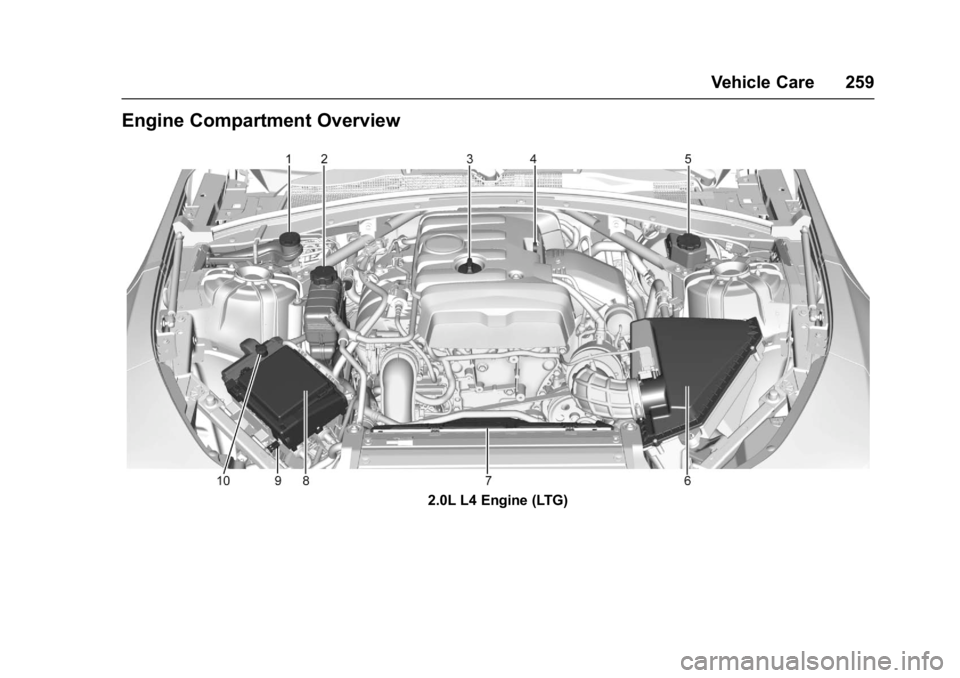 CHEVROLET CAMARO ZL1 2017  Owners Manual Chevrolet Camaro Owner Manual (GMNA-Localizing-U.S./Canada/Mexico-
9804281) - 2017 - crc - 4/25/16
Vehicle Care 259
Engine Compartment Overview
2.0L L4 Engine (LTG) 