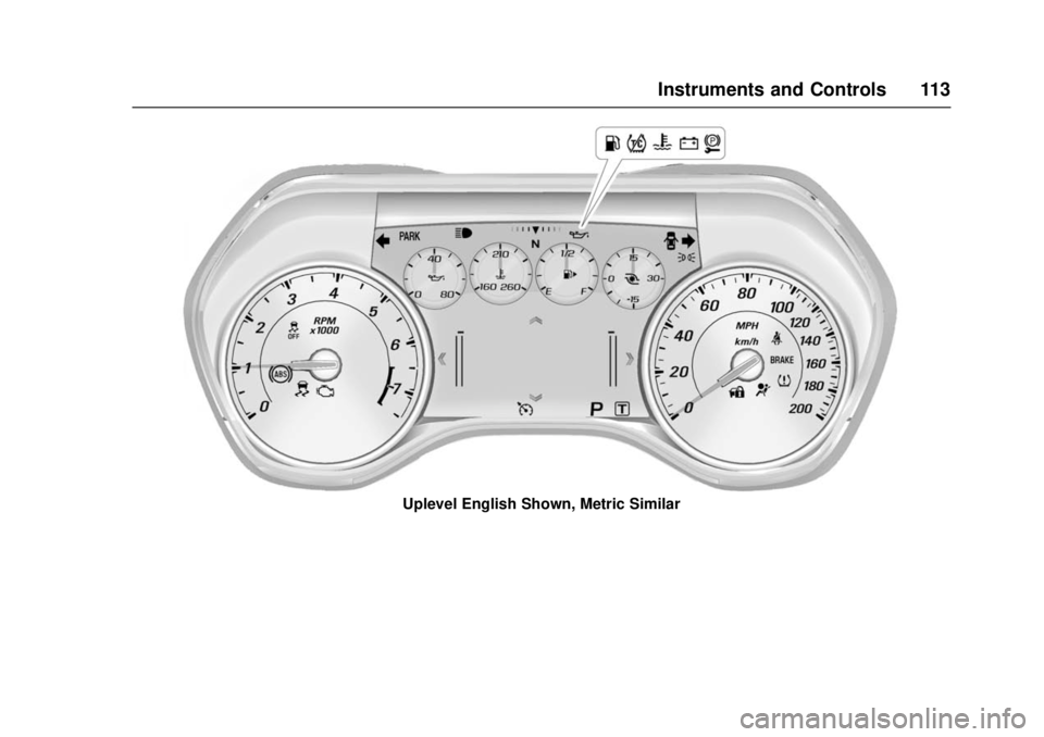 CHEVROLET CAMARO SS 2018 Owners Manual Chevrolet Camaro Owner Manual (GMNA-Localizing-U.S./Canada/Mexico-
11348325) - 2018 - crc - 4/11/17
Instruments and Controls 113
Uplevel English Shown, Metric Similar CHEVROLET CAMARO SS 2018 Owners Manual Chevrolet Camaro Owner Manual (GMNA-Localizing-U.S./Canada/Mexico-
11348325) - 2018 - crc - 4/11/17
Instruments and Controls 113
Uplevel English Shown, Metric Similar