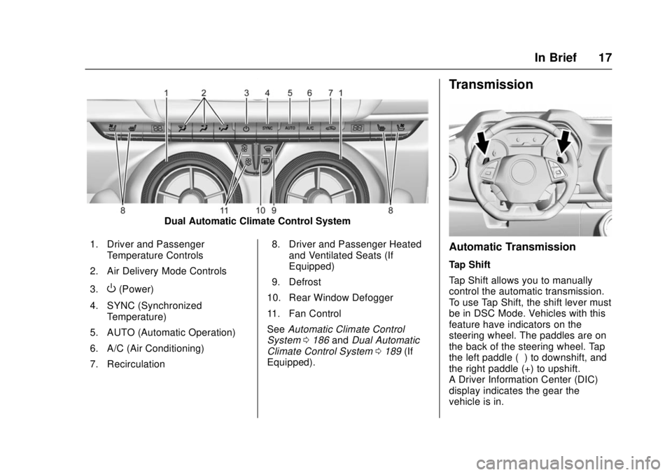 CHEVROLET CAMARO SS 2018 User Guide Chevrolet Camaro Owner Manual (GMNA-Localizing-U.S./Canada/Mexico-
11348325) - 2018 - crc - 4/11/17
In Brief 17
Dual Automatic Climate Control System
1. Driver and Passenger Temperature Controls
2. Ai