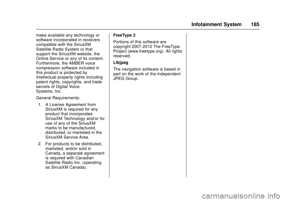 CHEVROLET CAMARO SS 2018 Owners Manual Chevrolet Camaro Owner Manual (GMNA-Localizing-U.S./Canada/Mexico-
11348325) - 2018 - crc - 4/11/17
Infotainment System 185
make available any technology or
software incorporated in receivers
compatib CHEVROLET CAMARO SS 2018 Owners Manual Chevrolet Camaro Owner Manual (GMNA-Localizing-U.S./Canada/Mexico-
11348325) - 2018 - crc - 4/11/17
Infotainment System 185
make available any technology or
software incorporated in receivers
compatib