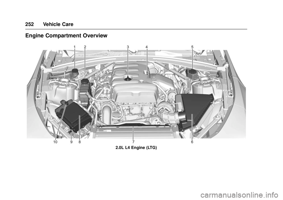 CHEVROLET CAMARO SS 2018 Owners Manual Chevrolet Camaro Owner Manual (GMNA-Localizing-U.S./Canada/Mexico-
11348325) - 2018 - crc - 4/11/17
252 Vehicle Care
Engine Compartment Overview
2.0L L4 Engine (LTG) CHEVROLET CAMARO SS 2018 Owners Manual Chevrolet Camaro Owner Manual (GMNA-Localizing-U.S./Canada/Mexico-
11348325) - 2018 - crc - 4/11/17
252 Vehicle Care
Engine Compartment Overview
2.0L L4 Engine (LTG)