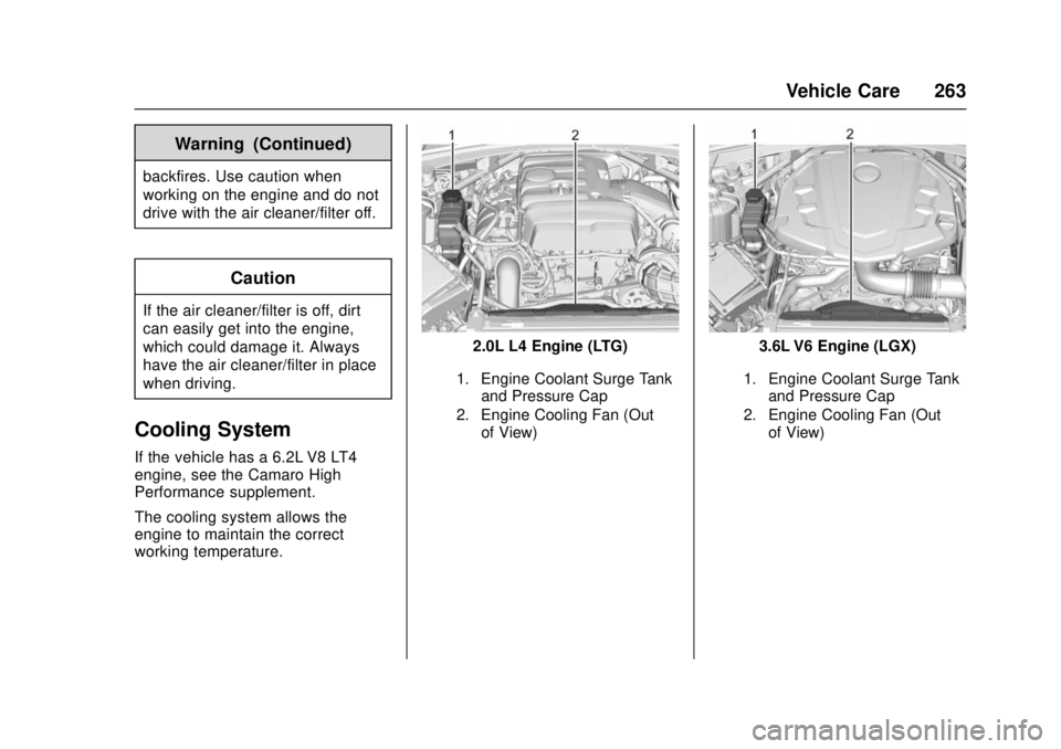 CHEVROLET CAMARO SS 2018 Owners Manual Chevrolet Camaro Owner Manual (GMNA-Localizing-U.S./Canada/Mexico-
11348325) - 2018 - crc - 4/11/17
Vehicle Care 263
Warning (Continued)
backfires. Use caution when
working on the engine and do not
dr CHEVROLET CAMARO SS 2018 Owners Manual Chevrolet Camaro Owner Manual (GMNA-Localizing-U.S./Canada/Mexico-
11348325) - 2018 - crc - 4/11/17
Vehicle Care 263
Warning (Continued)
backfires. Use caution when
working on the engine and do not
dr