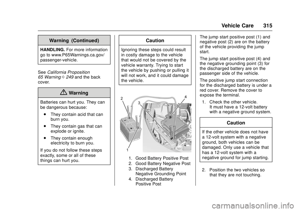 CHEVROLET CAMARO SS 2018  Owners Manual Chevrolet Camaro Owner Manual (GMNA-Localizing-U.S./Canada/Mexico-
11348325) - 2018 - crc - 4/11/17
Vehicle Care 315
Warning (Continued)
HANDLING.For more information
go to www.P65Warnings.ca.gov/
pas
