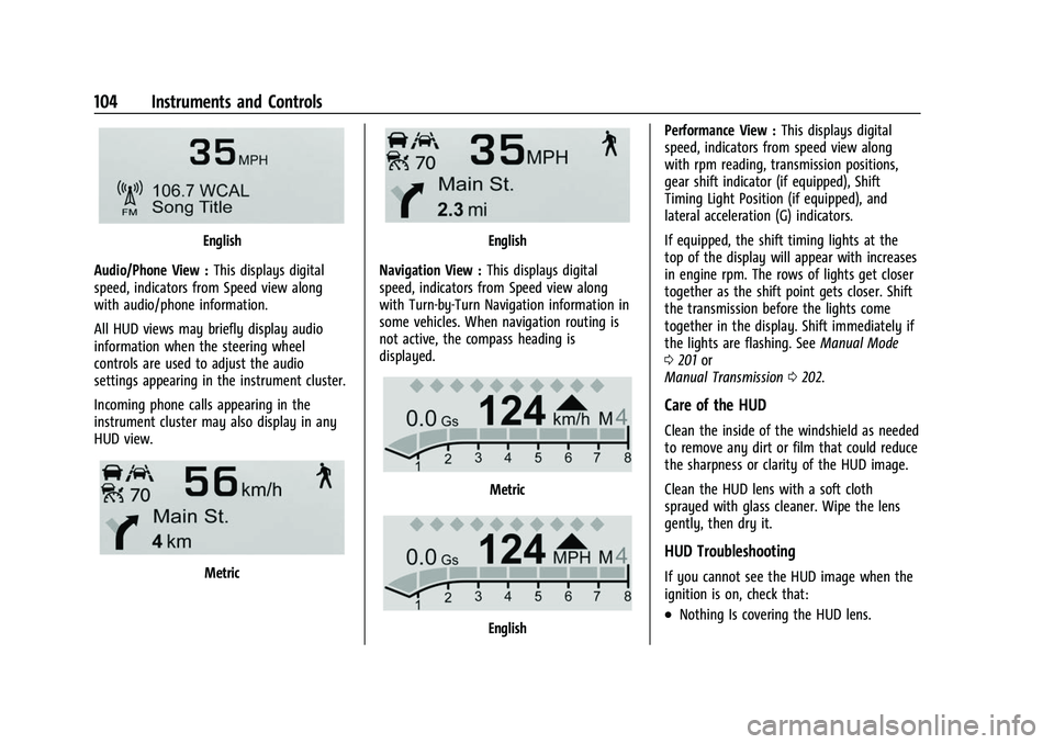 CHEVROLET CAMARO 2023  Owners Manual Chevrolet Camaro Owner Manual (GMNA-Localizing-U.S./Canada/Mexico-
16408685) - 2023 - CRC - 3/28/22
104 Instruments and Controls
English
Audio/Phone View : This displays digital
speed, indicators from