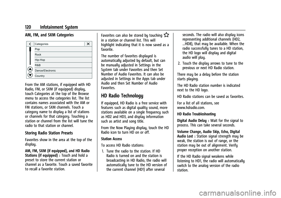 CHEVROLET CAMARO 2023 Owners Manual Chevrolet Camaro Owner Manual (GMNA-Localizing-U.S./Canada/Mexico-
16408685) - 2023 - CRC - 3/28/22
120 Infotainment System
AM, FM, and SXM Categories
From the AM stations, if equipped with HD
Radio, CHEVROLET CAMARO 2023 Owners Manual Chevrolet Camaro Owner Manual (GMNA-Localizing-U.S./Canada/Mexico-
16408685) - 2023 - CRC - 3/28/22
120 Infotainment System
AM, FM, and SXM Categories
From the AM stations, if equipped with HD
Radio,
