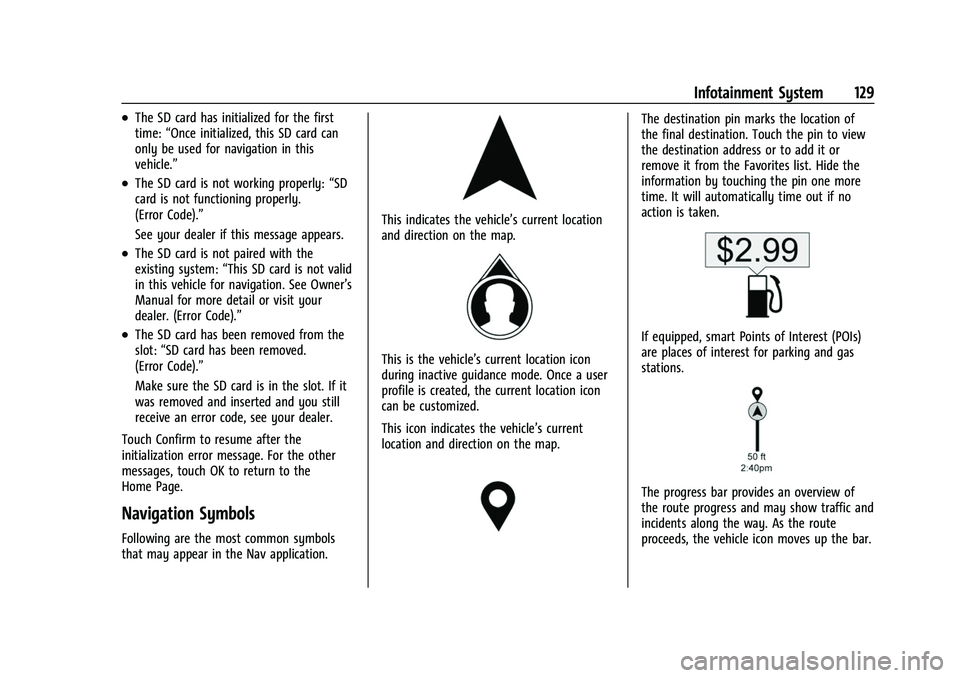 CHEVROLET CAMARO 2023 Owners Manual Chevrolet Camaro Owner Manual (GMNA-Localizing-U.S./Canada/Mexico-
16408685) - 2023 - CRC - 3/28/22
Infotainment System 129
.The SD card has initialized for the first
time:“Once initialized, this SD CHEVROLET CAMARO 2023 Owners Manual Chevrolet Camaro Owner Manual (GMNA-Localizing-U.S./Canada/Mexico-
16408685) - 2023 - CRC - 3/28/22
Infotainment System 129
.The SD card has initialized for the first
time:“Once initialized, this SD