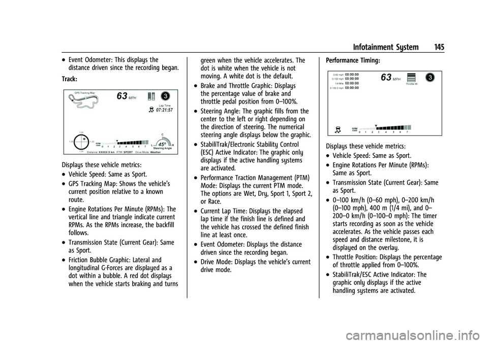 CHEVROLET CAMARO 2023 Owners Manual Chevrolet Camaro Owner Manual (GMNA-Localizing-U.S./Canada/Mexico-
16408685) - 2023 - CRC - 3/28/22
Infotainment System 145
.Event Odometer: This displays the
distance driven since the recording began CHEVROLET CAMARO 2023 Owners Manual Chevrolet Camaro Owner Manual (GMNA-Localizing-U.S./Canada/Mexico-
16408685) - 2023 - CRC - 3/28/22
Infotainment System 145
.Event Odometer: This displays the
distance driven since the recording began