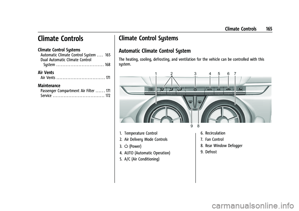 CHEVROLET CAMARO 2023 Owners Manual Chevrolet Camaro Owner Manual (GMNA-Localizing-U.S./Canada/Mexico-
16408685) - 2023 - CRC - 3/28/22
Climate Controls 165
Climate Controls
Climate Control Systems
Automatic Climate Control System . . . CHEVROLET CAMARO 2023 Owners Manual Chevrolet Camaro Owner Manual (GMNA-Localizing-U.S./Canada/Mexico-
16408685) - 2023 - CRC - 3/28/22
Climate Controls 165
Climate Controls
Climate Control Systems
Automatic Climate Control System . . .