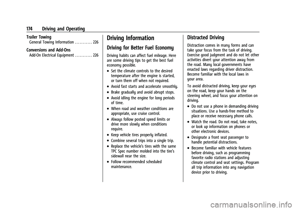 CHEVROLET CAMARO 2023  Owners Manual Chevrolet Camaro Owner Manual (GMNA-Localizing-U.S./Canada/Mexico-
16408685) - 2023 - CRC - 3/28/22
174 Driving and Operating
Trailer Towing
General Towing Information . . . . . . . . . . . 226
Conver