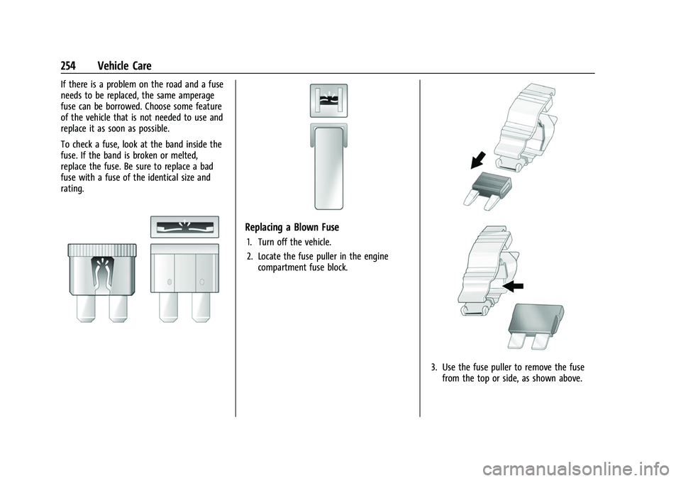 CHEVROLET CAMARO 2023 Owners Guide Chevrolet Camaro Owner Manual (GMNA-Localizing-U.S./Canada/Mexico-
16408685) - 2023 - CRC - 3/28/22
254 Vehicle Care
If there is a problem on the road and a fuse
needs to be replaced, the same amperag CHEVROLET CAMARO 2023 Owners Guide Chevrolet Camaro Owner Manual (GMNA-Localizing-U.S./Canada/Mexico-
16408685) - 2023 - CRC - 3/28/22
254 Vehicle Care
If there is a problem on the road and a fuse
needs to be replaced, the same amperag