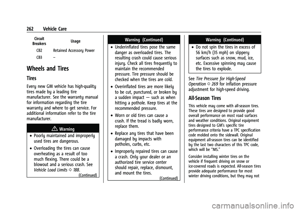 CHEVROLET CAMARO 2023 Owners Manual Chevrolet Camaro Owner Manual (GMNA-Localizing-U.S./Canada/Mexico-
16408685) - 2023 - CRC - 3/28/22
262 Vehicle Care
Circuit
Breakers Usage
CB2 Retained Accessory Power
CB3 –
Wheels and Tires
Tires
CHEVROLET CAMARO 2023 Owners Manual Chevrolet Camaro Owner Manual (GMNA-Localizing-U.S./Canada/Mexico-
16408685) - 2023 - CRC - 3/28/22
262 Vehicle Care
Circuit
Breakers Usage
CB2 Retained Accessory Power
CB3 –
Wheels and Tires
Tires