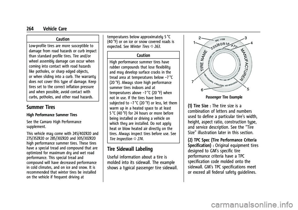 CHEVROLET CAMARO 2023 Owners Manual Chevrolet Camaro Owner Manual (GMNA-Localizing-U.S./Canada/Mexico-
16408685) - 2023 - CRC - 3/28/22
264 Vehicle Care
Caution
Low-profile tires are more susceptible to
damage from road hazards or curb CHEVROLET CAMARO 2023 Owners Manual Chevrolet Camaro Owner Manual (GMNA-Localizing-U.S./Canada/Mexico-
16408685) - 2023 - CRC - 3/28/22
264 Vehicle Care
Caution
Low-profile tires are more susceptible to
damage from road hazards or curb