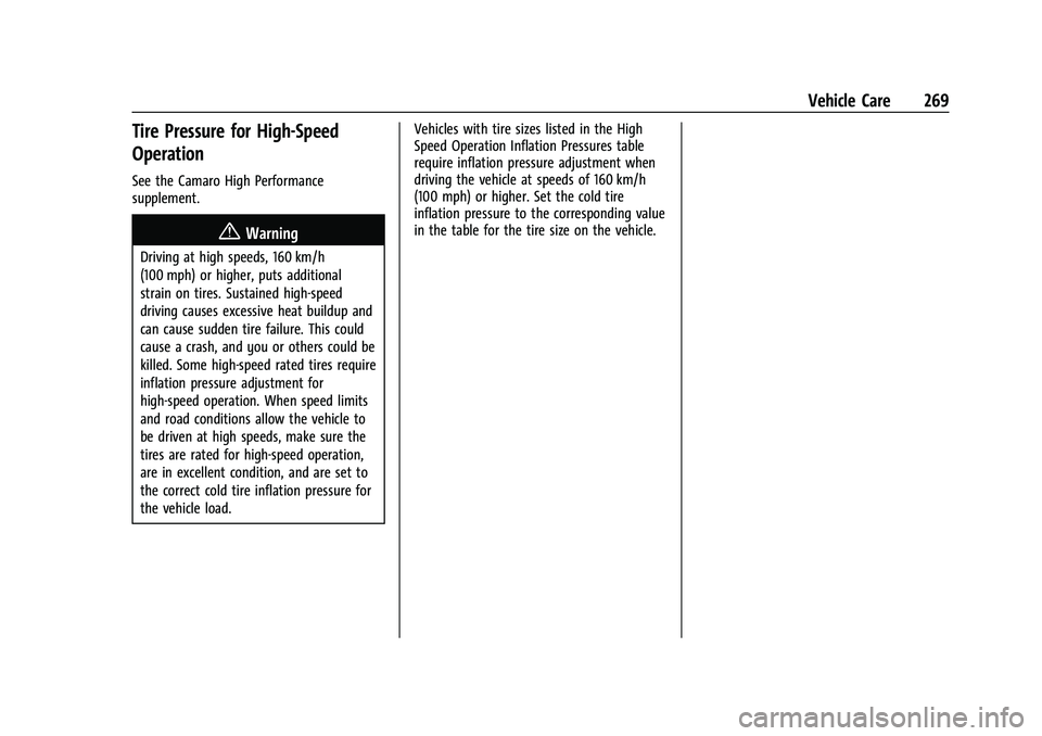 CHEVROLET CAMARO 2023 Owners Manual Chevrolet Camaro Owner Manual (GMNA-Localizing-U.S./Canada/Mexico-
16408685) - 2023 - CRC - 3/28/22
Vehicle Care 269
Tire Pressure for High-Speed
Operation
See the Camaro High Performance
supplement.
CHEVROLET CAMARO 2023 Owners Manual Chevrolet Camaro Owner Manual (GMNA-Localizing-U.S./Canada/Mexico-
16408685) - 2023 - CRC - 3/28/22
Vehicle Care 269
Tire Pressure for High-Speed
Operation
See the Camaro High Performance
supplement.