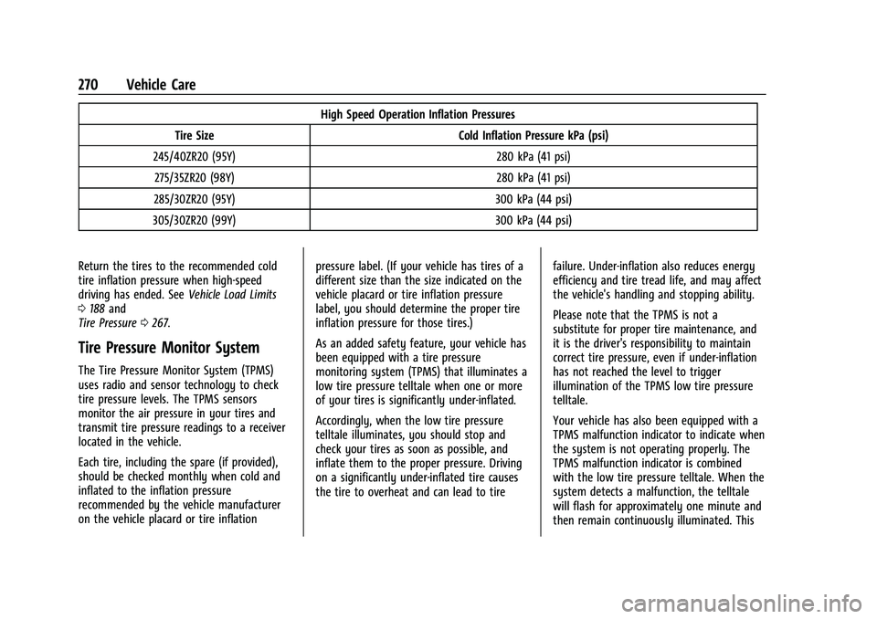 CHEVROLET CAMARO 2023  Owners Manual Chevrolet Camaro Owner Manual (GMNA-Localizing-U.S./Canada/Mexico-
16408685) - 2023 - CRC - 3/28/22
270 Vehicle Care
High Speed Operation Inflation Pressures
Tire Size Cold Inflation Pressure kPa (psi