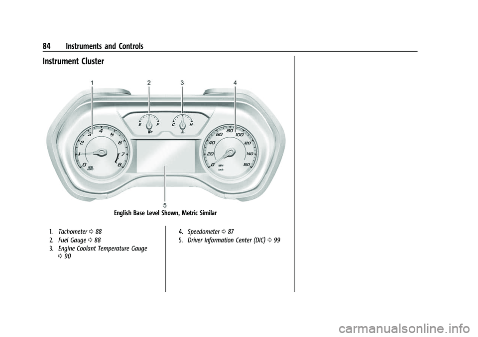 CHEVROLET CAMARO 2023 Manual Online Chevrolet Camaro Owner Manual (GMNA-Localizing-U.S./Canada/Mexico-
16408685) - 2023 - CRC - 3/28/22
84 Instruments and Controls
Instrument Cluster
English Base Level Shown, Metric Similar
1.Tachometer CHEVROLET CAMARO 2023 Manual Online Chevrolet Camaro Owner Manual (GMNA-Localizing-U.S./Canada/Mexico-
16408685) - 2023 - CRC - 3/28/22
84 Instruments and Controls
Instrument Cluster
English Base Level Shown, Metric Similar
1.Tachometer
