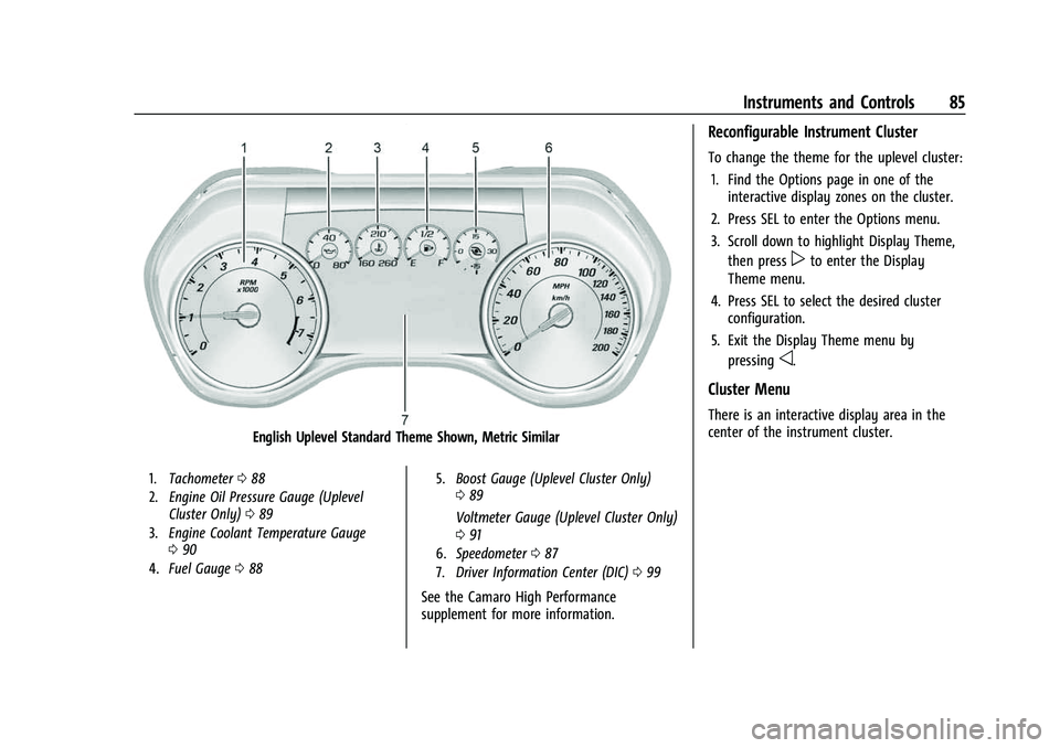 CHEVROLET CAMARO 2023 Manual Online Chevrolet Camaro Owner Manual (GMNA-Localizing-U.S./Canada/Mexico-
16408685) - 2023 - CRC - 3/28/22
Instruments and Controls 85
English Uplevel Standard Theme Shown, Metric Similar
1.Tachometer 088
2. CHEVROLET CAMARO 2023 Manual Online Chevrolet Camaro Owner Manual (GMNA-Localizing-U.S./Canada/Mexico-
16408685) - 2023 - CRC - 3/28/22
Instruments and Controls 85
English Uplevel Standard Theme Shown, Metric Similar
1.Tachometer 088
2.