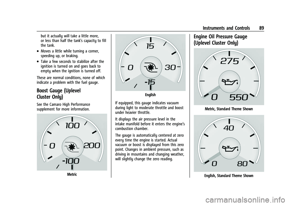 CHEVROLET CAMARO 2023  Owners Manual Chevrolet Camaro Owner Manual (GMNA-Localizing-U.S./Canada/Mexico-
16408685) - 2023 - CRC - 3/28/22
Instruments and Controls 89
but it actually will take a little more,
or less than half the tank'