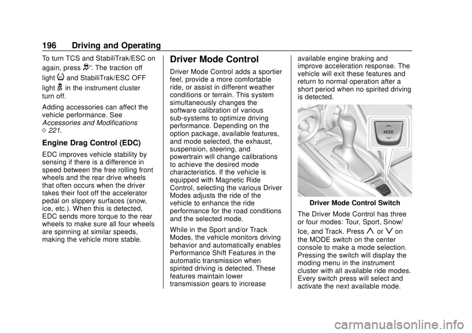CHEVROLET CAMARO SS 2020 Manual PDF Chevrolet Camaro Owner Manual (GMNA-Localizing-U.S./Canada/Mexico-
13556304) - 2020 - CRC - 5/10/19
196 Driving and Operating
To turn TCS and StabiliTrak/ESC on
again, press
Y. The traction off
light
CHEVROLET CAMARO SS 2020 Manual PDF Chevrolet Camaro Owner Manual (GMNA-Localizing-U.S./Canada/Mexico-
13556304) - 2020 - CRC - 5/10/19
196 Driving and Operating
To turn TCS and StabiliTrak/ESC on
again, press
Y. The traction off
light