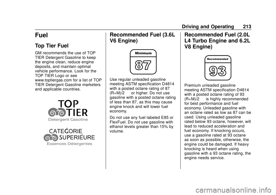 CHEVROLET CAMARO SS 2020 Manual PDF Chevrolet Camaro Owner Manual (GMNA-Localizing-U.S./Canada/Mexico-
13556304) - 2020 - CRC - 5/10/19
Driving and Operating 213
Fuel
Top Tier Fuel
GM recommends the use of TOP
TIER Detergent Gasoline to CHEVROLET CAMARO SS 2020 Manual PDF Chevrolet Camaro Owner Manual (GMNA-Localizing-U.S./Canada/Mexico-
13556304) - 2020 - CRC - 5/10/19
Driving and Operating 213
Fuel
Top Tier Fuel
GM recommends the use of TOP
TIER Detergent Gasoline to