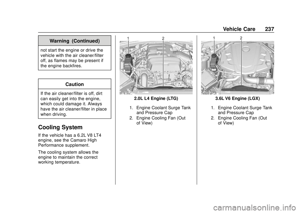 CHEVROLET CAMARO SS 2020  Owners Manual Chevrolet Camaro Owner Manual (GMNA-Localizing-U.S./Canada/Mexico-
13556304) - 2020 - CRC - 5/10/19
Vehicle Care 237
Warning (Continued)
not start the engine or drive the
vehicle with the air cleaner/