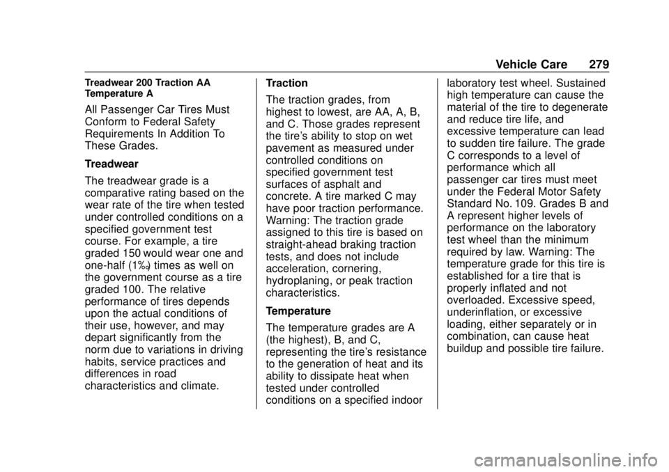 CHEVROLET CAMARO SS 2020 Owners Manual Chevrolet Camaro Owner Manual (GMNA-Localizing-U.S./Canada/Mexico-
13556304) - 2020 - CRC - 5/10/19
Vehicle Care 279
Treadwear 200 Traction AA
Temperature A
All Passenger Car Tires Must
Conform to Fed CHEVROLET CAMARO SS 2020 Owners Manual Chevrolet Camaro Owner Manual (GMNA-Localizing-U.S./Canada/Mexico-
13556304) - 2020 - CRC - 5/10/19
Vehicle Care 279
Treadwear 200 Traction AA
Temperature A
All Passenger Car Tires Must
Conform to Fed
