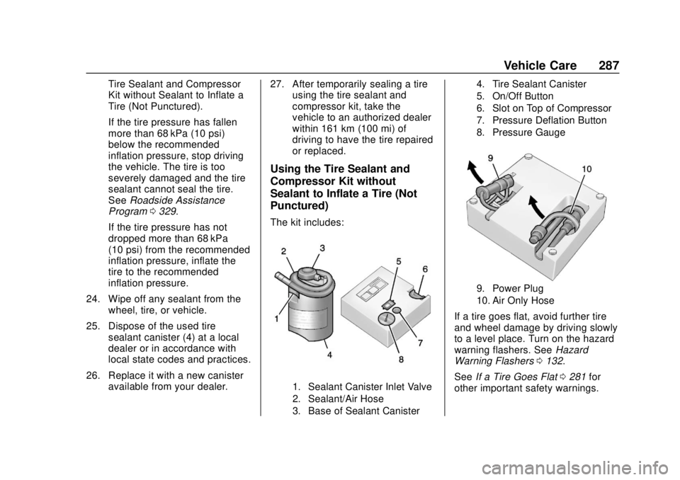 CHEVROLET CAMARO SS 2020 Owners Manual Chevrolet Camaro Owner Manual (GMNA-Localizing-U.S./Canada/Mexico-
13556304) - 2020 - CRC - 5/10/19
Vehicle Care 287
Tire Sealant and Compressor
Kit without Sealant to Inflate a
Tire (Not Punctured). CHEVROLET CAMARO SS 2020 Owners Manual Chevrolet Camaro Owner Manual (GMNA-Localizing-U.S./Canada/Mexico-
13556304) - 2020 - CRC - 5/10/19
Vehicle Care 287
Tire Sealant and Compressor
Kit without Sealant to Inflate a
Tire (Not Punctured).
