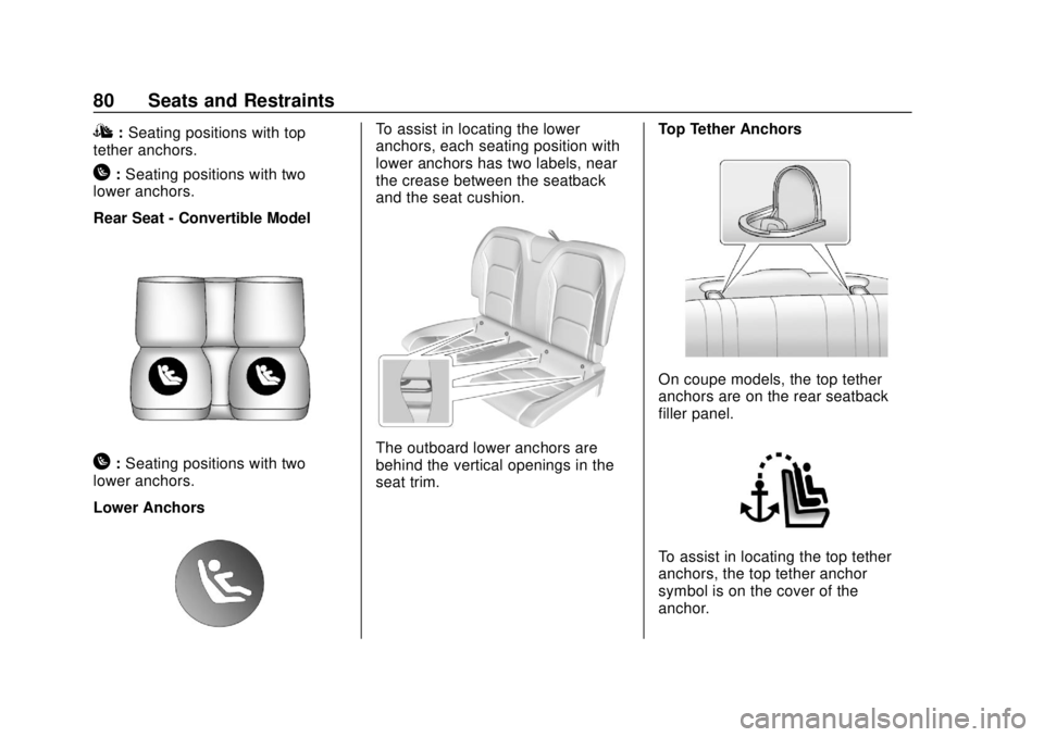 CHEVROLET CAMARO SS 2020 Manual Online Chevrolet Camaro Owner Manual (GMNA-Localizing-U.S./Canada/Mexico-
13556304) - 2020 - CRC - 5/10/19
80 Seats and Restraints
I:Seating positions with top
tether anchors.
H: Seating positions with two
l CHEVROLET CAMARO SS 2020 Manual Online Chevrolet Camaro Owner Manual (GMNA-Localizing-U.S./Canada/Mexico-
13556304) - 2020 - CRC - 5/10/19
80 Seats and Restraints
I:Seating positions with top
tether anchors.
H: Seating positions with two
l