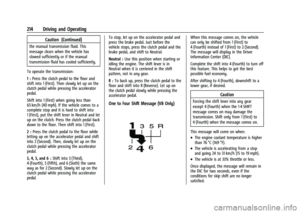 CHEVROLET CAMARO 2022 Owners Manual Chevrolet Camaro Owner Manual (GMNA-Localizing-U.S./Canada/Mexico-
14583589) - 2021 - CRC - 3/24/20
214 Driving and Operating
Caution (Continued)
the manual transmission fluid. This
message clears whe CHEVROLET CAMARO 2022 Owners Manual Chevrolet Camaro Owner Manual (GMNA-Localizing-U.S./Canada/Mexico-
14583589) - 2021 - CRC - 3/24/20
214 Driving and Operating
Caution (Continued)
the manual transmission fluid. This
message clears whe