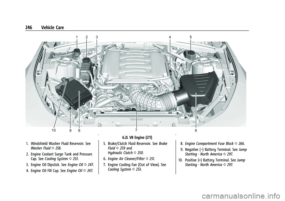 CHEVROLET CAMARO 2022  Owners Manual Chevrolet Camaro Owner Manual (GMNA-Localizing-U.S./Canada/Mexico-
14583589) - 2021 - CRC - 3/24/20
246 Vehicle Care
6.2L V8 Engine (LT1)
1. Windshield Washer Fluid Reservoir. See Washer Fluid 0258.
2